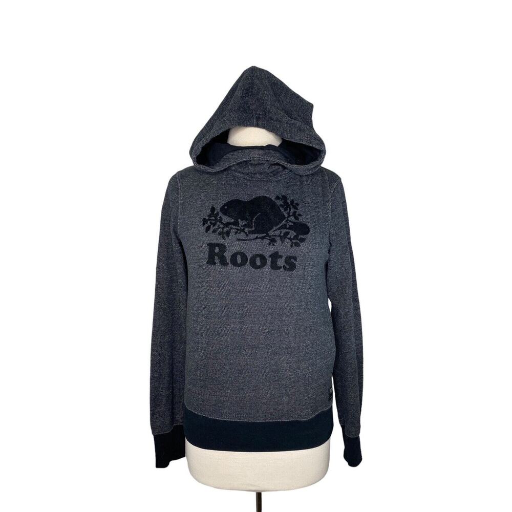 ROOTS CANADA Gray Heather Logo Funnel Neck Sweatshirt Thumbholes Small Women